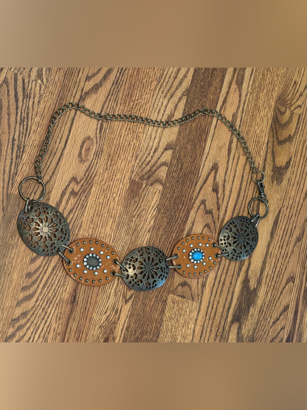 Boho Concho Belt with Turquoise Accent - Brown and Antique Gold